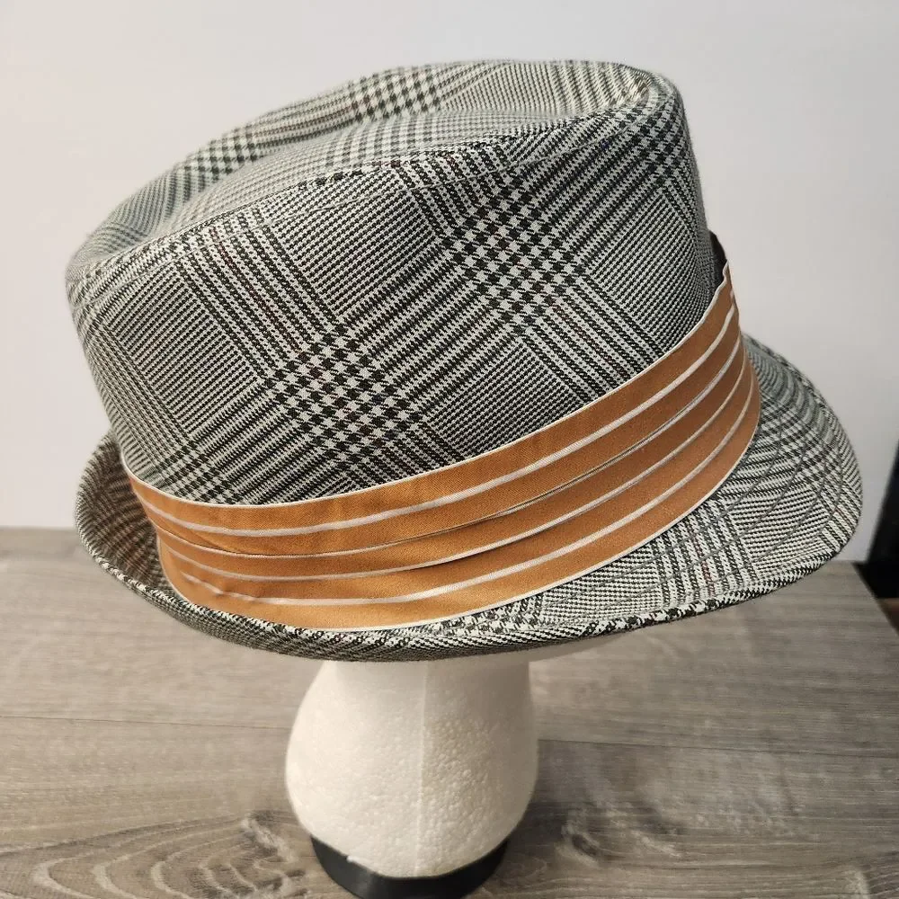Peter Grimm Mens Fedora Hat‎ Grey Black Plaid Size S/M Orange Hat Band Logo